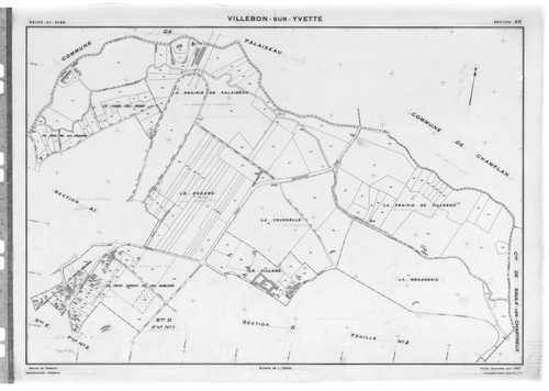 VILLEBON-SUR-YVETTE . - Cadastre de 1808 mis à jour pour 1957 : plans de la section A, section B, section D 1ère feuille, idem 2ème feuille, section E 1ère feuille, idem 2ème feuille ; cadastre renouvelé pour 1957 : plans de la section AB, section AC, sec