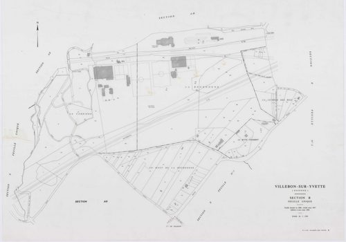 VILLEBON-SUR-YVETTE, plans minutes de conservation : tableau d'assemblage,1957, Ech. 1/10000 ; plans des sections A, B, D1, D2, E1, E2, 1957, Ech. 1/1250, sections AB, AC, AD, AE, AH, AI, AL, 1957, Ech. 1/1000, section AK, 1957, Ech. 1/2000, section AN, 1