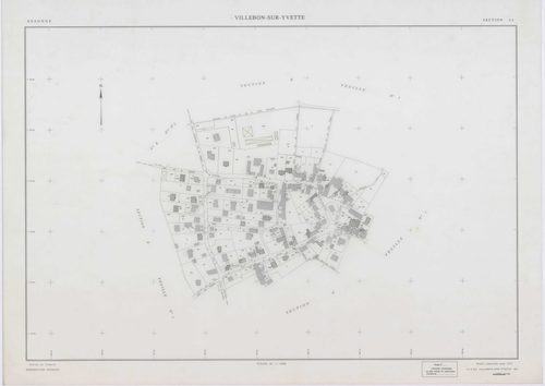 VILLEBON-SUR-YVETTE, plans minutes de conservation : tableau d'assemblage,1957, Ech. 1/10000 ; plans des sections A, B, D1, D2, E1, E2, 1957, Ech. 1/1250, sections AB, AC, AD, AE, AH, AI, AL, 1957, Ech. 1/1000, section AK, 1957, Ech. 1/2000, section AN, 1