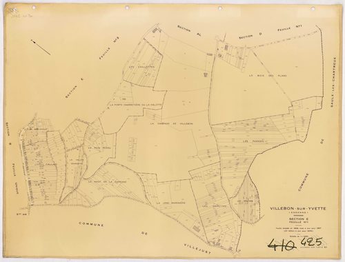 VILLEBON-SUR-YVETTE. - Cadastre révisé pour 1957 : plan du tableau d'assemblage ; plan révisé pour 1957, à jour pour 1976 (2ème, 3ème édition) : plans des sections A, B, D, E (feuilles 1-2) et D ; plan révisé pour 1957, à jour pour 1982 (3ème édition) : p