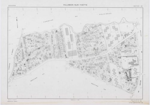 VILLEBON-SUR-YVETTE, plans minutes de conservation : tableau d'assemblage,1957, Ech. 1/10000 ; plans des sections A, B, D1, D2, E1, E2, 1957, Ech. 1/1250, sections AB, AC, AD, AE, AH, AI, AL, 1957, Ech. 1/1000, section AK, 1957, Ech. 1/2000, section AN, 1