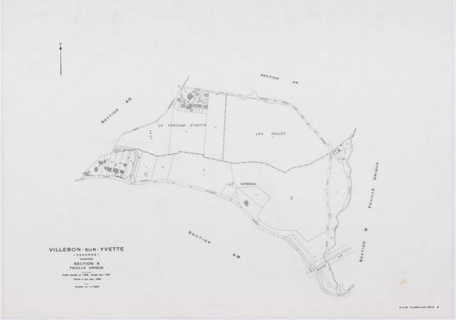 VILLEBON-SUR-YVETTE, plans minutes de conservation : tableau d'assemblage,1957, Ech. 1/10000 ; plans des sections A, B, D1, D2, E1, E2, 1957, Ech. 1/1250, sections AB, AC, AD, AE, AH, AI, AL, 1957, Ech. 1/1000, section AK, 1957, Ech. 1/2000, section AN, 1