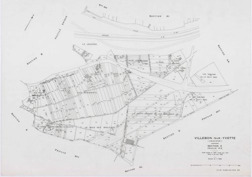 VILLEBON-SUR-YVETTE, plans minutes de conservation : tableau d'assemblage,1957, Ech. 1/10000 ; plans des sections A, B, D1, D2, E1, E2, 1957, Ech. 1/1250, sections AB, AC, AD, AE, AH, AI, AL, 1957, Ech. 1/1000, section AK, 1957, Ech. 1/2000, section AN, 1