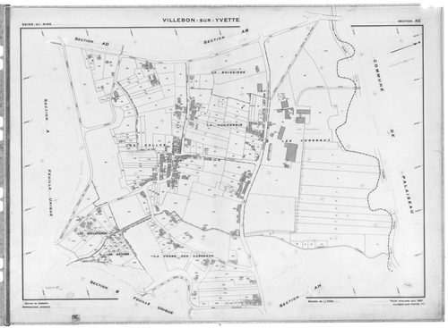 VILLEBON-SUR-YVETTE . - Cadastre de 1808 mis à jour pour 1957 : plans de la section A, section B, section D 1ère feuille, idem 2ème feuille, section E 1ère feuille, idem 2ème feuille ; cadastre renouvelé pour 1957 : plans de la section AB, section AC, sec