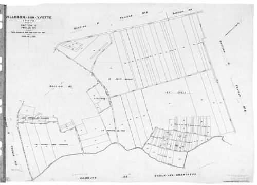 VILLEBON-SUR-YVETTE . - Cadastre de 1808 mis à jour pour 1957 : plans de la section A, section B, section D 1ère feuille, idem 2ème feuille, section E 1ère feuille, idem 2ème feuille ; cadastre renouvelé pour 1957 : plans de la section AB, section AC, sec