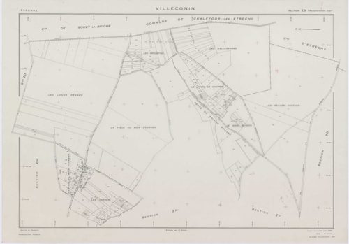 VILLECONIN, plans minutes de conservation : tableau d'assemblage, 1962, Ech. 1/10000 ; plans des sections AB, AD, 1962, Ech. 1/1000, sections AC, ZA, ZB, ZC, ZD, ZE, ZH, ZI, ZK, ZL, ZM, ZN, ZO, 1962, Ech. 1/2000. Polyester. N et B. Dim. 105 x 80 cm [16 pl