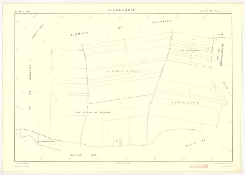 Plans minutes de conservation : VILLECONIN : tableau d'assemblage, ech. 1/10000 (1962), sections AB, AD, ech. 1/1000 (1962) ; sections AC, ZA, ZB, ZC, ZD, ZE, ZH, ZI, ZK, ZL, ZM, ZN, ZO, ech. 1/2000 (1962) ; remembrement rural sections ZA, ZB, ZC, ZD, ZE,