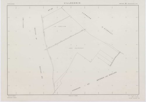 VILLECONIN, plans minutes de conservation : tableau d'assemblage, 1962, Ech. 1/10000 ; plans des sections AB, AD, 1962, Ech. 1/1000, sections AC, ZA, ZB, ZC, ZD, ZE, ZH, ZI, ZK, ZL, ZM, ZN, ZO, 1962, Ech. 1/2000. Polyester. N et B. Dim. 105 x 80 cm [16 pl