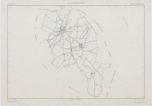 VILLECONIN, plans minutes de conservation : tableau d'assemblage, 1962, Ech. 1/10000 ; plans des sections AB, AD, 1962, Ech. 1/1000, sections AC, ZA, ZB, ZC, ZD, ZE, ZH, ZI, ZK, ZL, ZM, ZN, ZO, 1962, Ech. 1/2000. Polyester. N et B. Dim. 105 x 80 cm [16 pl