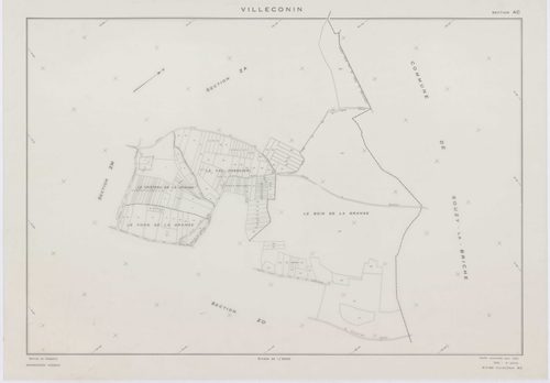 VILLECONIN, plans minutes de conservation : tableau d'assemblage, 1962, Ech. 1/10000 ; plans des sections AB, AD, 1962, Ech. 1/1000, sections AC, ZA, ZB, ZC, ZD, ZE, ZH, ZI, ZK, ZL, ZM, ZN, ZO, 1962, Ech. 1/2000. Polyester. N et B. Dim. 105 x 80 cm [16 pl