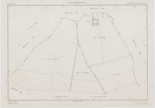 VILLECONIN, plans minutes de conservation : tableau d'assemblage, 1962, Ech. 1/10000 ; plans des sections AB, AD, 1962, Ech. 1/1000, sections AC, ZA, ZB, ZC, ZD, ZE, ZH, ZI, ZK, ZL, ZM, ZN, ZO, 1962, Ech. 1/2000. Polyester. N et B. Dim. 105 x 80 cm [16 pl