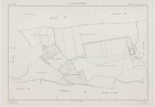 VILLECONIN, plans minutes de conservation : tableau d'assemblage, 1962, Ech. 1/10000 ; plans des sections AB, AD, 1962, Ech. 1/1000, sections AC, ZA, ZB, ZC, ZD, ZE, ZH, ZI, ZK, ZL, ZM, ZN, ZO, 1962, Ech. 1/2000. Polyester. N et B. Dim. 105 x 80 cm [16 pl