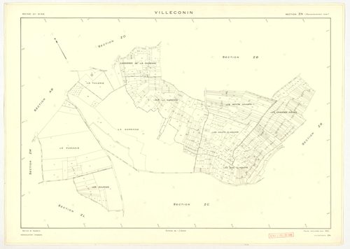 Plans minutes de conservation : VILLECONIN : tableau d'assemblage, ech. 1/10000 (1962), sections AB, AD, ech. 1/1000 (1962) ; sections AC, ZA, ZB, ZC, ZD, ZE, ZH, ZI, ZK, ZL, ZM, ZN, ZO, ech. 1/2000 (1962) ; remembrement rural sections ZA, ZB, ZC, ZD, ZE,