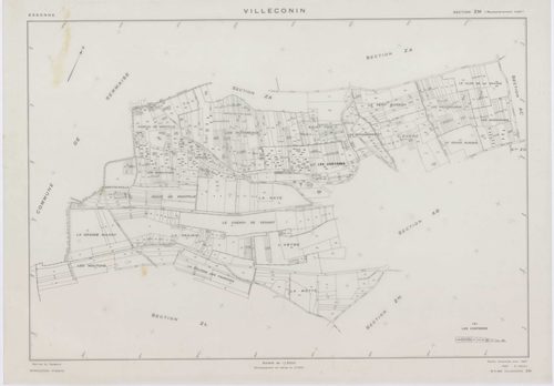 VILLECONIN, plans minutes de conservation : tableau d'assemblage, 1962, Ech. 1/10000 ; plans des sections AB, AD, 1962, Ech. 1/1000, sections AC, ZA, ZB, ZC, ZD, ZE, ZH, ZI, ZK, ZL, ZM, ZN, ZO, 1962, Ech. 1/2000. Polyester. N et B. Dim. 105 x 80 cm [16 pl