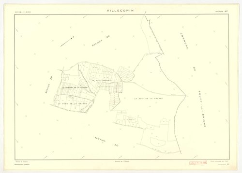 Plans minutes de conservation : VILLECONIN : tableau d'assemblage, ech. 1/10000 (1962), sections AB, AD, ech. 1/1000 (1962) ; sections AC, ZA, ZB, ZC, ZD, ZE, ZH, ZI, ZK, ZL, ZM, ZN, ZO, ech. 1/2000 (1962) ; remembrement rural sections ZA, ZB, ZC, ZD, ZE,