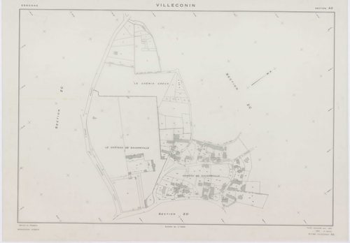 VILLECONIN, plans minutes de conservation : tableau d'assemblage, 1962, Ech. 1/10000 ; plans des sections AB, AD, 1962, Ech. 1/1000, sections AC, ZA, ZB, ZC, ZD, ZE, ZH, ZI, ZK, ZL, ZM, ZN, ZO, 1962, Ech. 1/2000. Polyester. N et B. Dim. 105 x 80 cm [16 pl
