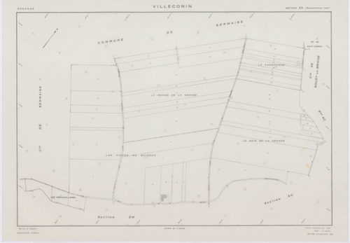 VILLECONIN, plans minutes de conservation : tableau d'assemblage, 1962, Ech. 1/10000 ; plans des sections AB, AD, 1962, Ech. 1/1000, sections AC, ZA, ZB, ZC, ZD, ZE, ZH, ZI, ZK, ZL, ZM, ZN, ZO, 1962, Ech. 1/2000. Polyester. N et B. Dim. 105 x 80 cm [16 pl