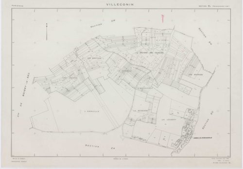 VILLECONIN, plans minutes de conservation : tableau d'assemblage, 1962, Ech. 1/10000 ; plans des sections AB, AD, 1962, Ech. 1/1000, sections AC, ZA, ZB, ZC, ZD, ZE, ZH, ZI, ZK, ZL, ZM, ZN, ZO, 1962, Ech. 1/2000. Polyester. N et B. Dim. 105 x 80 cm [16 pl