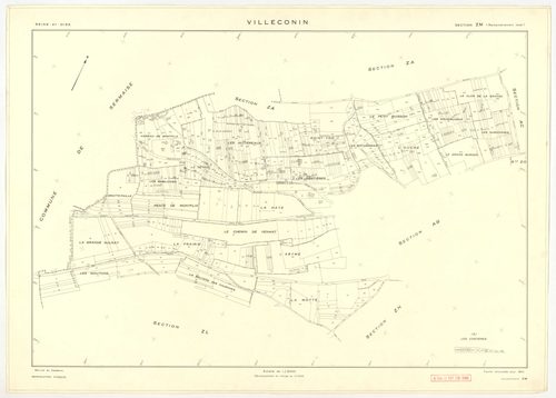 Plans minutes de conservation : VILLECONIN : tableau d'assemblage, ech. 1/10000 (1962), sections AB, AD, ech. 1/1000 (1962) ; sections AC, ZA, ZB, ZC, ZD, ZE, ZH, ZI, ZK, ZL, ZM, ZN, ZO, ech. 1/2000 (1962) ; remembrement rural sections ZA, ZB, ZC, ZD, ZE,