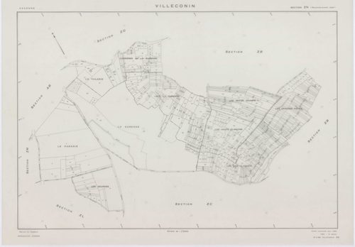 VILLECONIN, plans minutes de conservation : tableau d'assemblage, 1962, Ech. 1/10000 ; plans des sections AB, AD, 1962, Ech. 1/1000, sections AC, ZA, ZB, ZC, ZD, ZE, ZH, ZI, ZK, ZL, ZM, ZN, ZO, 1962, Ech. 1/2000. Polyester. N et B. Dim. 105 x 80 cm [16 pl