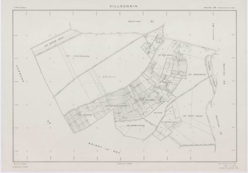 VILLECONIN, plans minutes de conservation : tableau d'assemblage, 1962, Ech. 1/10000 ; plans des sections AB, AD, 1962, Ech. 1/1000, sections AC, ZA, ZB, ZC, ZD, ZE, ZH, ZI, ZK, ZL, ZM, ZN, ZO, 1962, Ech. 1/2000. Polyester. N et B. Dim. 105 x 80 cm [16 pl