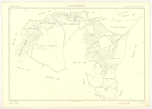 Plans minutes de conservation : VILLECONIN : tableau d'assemblage, ech. 1/10000 (1962), sections AB, AD, ech. 1/1000 (1962) ; sections AC, ZA, ZB, ZC, ZD, ZE, ZH, ZI, ZK, ZL, ZM, ZN, ZO, ech. 1/2000 (1962) ; remembrement rural sections ZA, ZB, ZC, ZD, ZE,