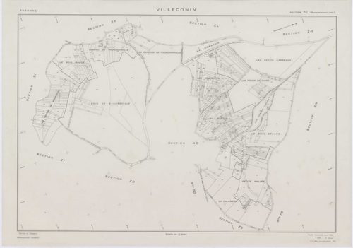 VILLECONIN, plans minutes de conservation : tableau d'assemblage, 1962, Ech. 1/10000 ; plans des sections AB, AD, 1962, Ech. 1/1000, sections AC, ZA, ZB, ZC, ZD, ZE, ZH, ZI, ZK, ZL, ZM, ZN, ZO, 1962, Ech. 1/2000. Polyester. N et B. Dim. 105 x 80 cm [16 pl