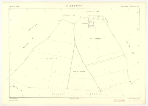 Plans minutes de conservation : VILLECONIN : tableau d'assemblage, ech. 1/10000 (1962), sections AB, AD, ech. 1/1000 (1962) ; sections AC, ZA, ZB, ZC, ZD, ZE, ZH, ZI, ZK, ZL, ZM, ZN, ZO, ech. 1/2000 (1962) ; remembrement rural sections ZA, ZB, ZC, ZD, ZE,