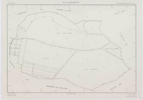 VILLECONIN, plans minutes de conservation : tableau d'assemblage, 1962, Ech. 1/10000 ; plans des sections AB, AD, 1962, Ech. 1/1000, sections AC, ZA, ZB, ZC, ZD, ZE, ZH, ZI, ZK, ZL, ZM, ZN, ZO, 1962, Ech. 1/2000. Polyester. N et B. Dim. 105 x 80 cm [16 pl