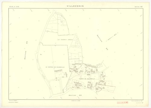 Plans minutes de conservation : VILLECONIN : tableau d'assemblage, ech. 1/10000 (1962), sections AB, AD, ech. 1/1000 (1962) ; sections AC, ZA, ZB, ZC, ZD, ZE, ZH, ZI, ZK, ZL, ZM, ZN, ZO, ech. 1/2000 (1962) ; remembrement rural sections ZA, ZB, ZC, ZD, ZE,