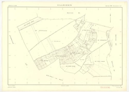 Plans minutes de conservation : VILLECONIN : tableau d'assemblage, ech. 1/10000 (1962), sections AB, AD, ech. 1/1000 (1962) ; sections AC, ZA, ZB, ZC, ZD, ZE, ZH, ZI, ZK, ZL, ZM, ZN, ZO, ech. 1/2000 (1962) ; remembrement rural sections ZA, ZB, ZC, ZD, ZE,