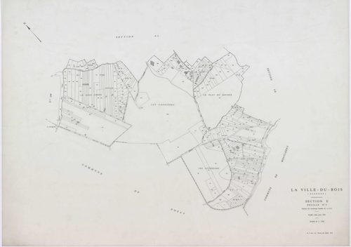 VILLE-DU-BOIS (LA), plans minutes de conservation : tableau d'assemblage,1987, Ech. 1/10000 ; plans des sections F1, H1, 1937, Ech. 1/1250, section AB, 1991, Ech. 1/2000, AC, AD, AE, AH, AI, AK, AL, AM, AN, AO, 1991, Ech. 1/1000, section E3, 1991, Ech. 1/