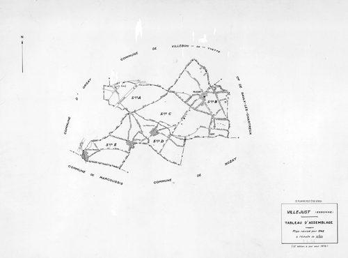 VILLEJUST. - Plan révisé pour 1942, à jour pour 1975 (2ème, 3ème édition) : plans du tableau d'assemblage, des sections A dite de Courtaboeuf, B dite du village, C dite de Launay, D dite de la Poitevine et E dite de Frétay ; plan révisé pour 1942, à jour 