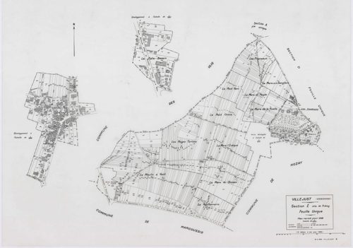 VILLEJUST, plans minutes de conservation : tableau d'assemblage,1942, Ech. 1/10000 ; plans des sections B, C, D, E, 1942, Ech. 1/2500, sections AA, AB, AD, 1990, Ech. 1/1000, section AC, 1992, Ech. 1/1000, sections AE, AH, AI, 2001, Ech. 1/1000 . Polyeste