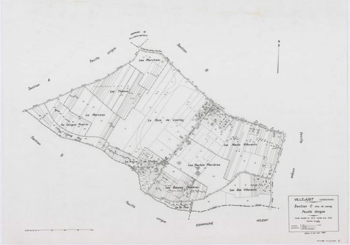 VILLEJUST, plans minutes de conservation : tableau d'assemblage,1942, Ech. 1/10000 ; plans des sections B, C, D, E, 1942, Ech. 1/2500, sections AA, AB, AD, 1990, Ech. 1/1000, section AC, 1992, Ech. 1/1000, sections AE, AH, AI, 2001, Ech. 1/1000 . Polyeste