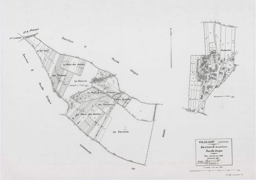 VILLEJUST, plans minutes de conservation : tableau d'assemblage,1942, Ech. 1/10000 ; plans des sections B, C, D, E, 1942, Ech. 1/2500, sections AA, AB, AD, 1990, Ech. 1/1000, section AC, 1992, Ech. 1/1000, sections AE, AH, AI, 2001, Ech. 1/1000 . Polyeste