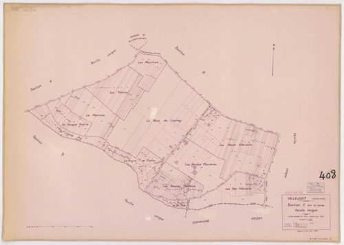 VILLEJUST. - Plan révisé pour 1942, à jour pour 1975 (2ème, 3ème édition) : plans du tableau d'assemblage, des sections A dite de Courtaboeuf, B dite du village, C dite de Launay, D dite de la Poitevine et E dite de Frétay ; plan révisé pour 1942, à jour 