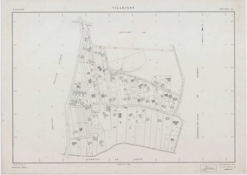 VILLEJUST, plans minutes de conservation : tableau d'assemblage,1942, Ech. 1/10000 ; plans des sections B, C, D, E, 1942, Ech. 1/2500, sections AA, AB, AD, 1990, Ech. 1/1000, section AC, 1992, Ech. 1/1000, sections AE, AH, AI, 2001, Ech. 1/1000 . Polyeste