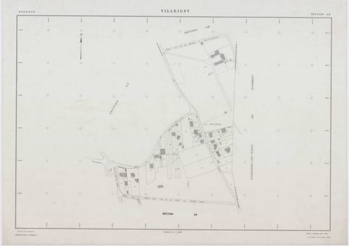 VILLEJUST, plans minutes de conservation : tableau d'assemblage,1942, Ech. 1/10000 ; plans des sections B, C, D, E, 1942, Ech. 1/2500, sections AA, AB, AD, 1990, Ech. 1/1000, section AC, 1992, Ech. 1/1000, sections AE, AH, AI, 2001, Ech. 1/1000 . Polyeste