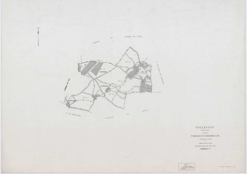 VILLEJUST, plans minutes de conservation : tableau d'assemblage,1942, Ech. 1/10000 ; plans des sections B, C, D, E, 1942, Ech. 1/2500, sections AA, AB, AD, 1990, Ech. 1/1000, section AC, 1992, Ech. 1/1000, sections AE, AH, AI, 2001, Ech. 1/1000 . Polyeste