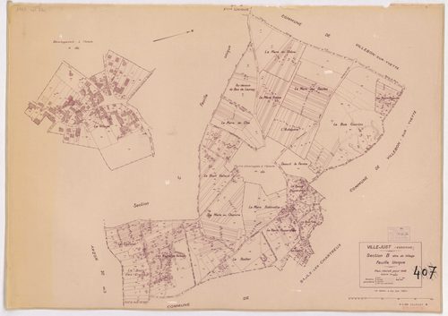 VILLEJUST. - Plan révisé pour 1942, à jour pour 1975 (2ème, 3ème édition) : plans du tableau d'assemblage, des sections A dite de Courtaboeuf, B dite du village, C dite de Launay, D dite de la Poitevine et E dite de Frétay ; plan révisé pour 1942, à jour 