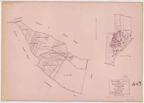 VILLEJUST. - Plan révisé pour 1942, à jour pour 1975 (2ème, 3ème édition) : plans du tableau d'assemblage, des sections A dite de Courtaboeuf, B dite du village, C dite de Launay, D dite de la Poitevine et E dite de Frétay ; plan révisé pour 1942, à jour 