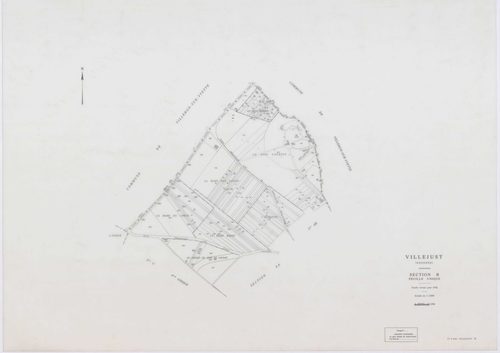 VILLEJUST, plans minutes de conservation : tableau d'assemblage,1942, Ech. 1/10000 ; plans des sections B, C, D, E, 1942, Ech. 1/2500, sections AA, AB, AD, 1990, Ech. 1/1000, section AC, 1992, Ech. 1/1000, sections AE, AH, AI, 2001, Ech. 1/1000 . Polyeste