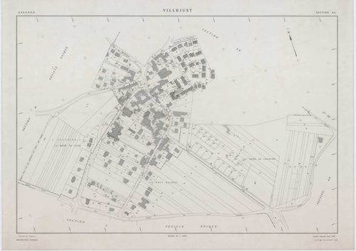 VILLEJUST, plans minutes de conservation : tableau d'assemblage,1942, Ech. 1/10000 ; plans des sections B, C, D, E, 1942, Ech. 1/2500, sections AA, AB, AD, 1990, Ech. 1/1000, section AC, 1992, Ech. 1/1000, sections AE, AH, AI, 2001, Ech. 1/1000 . Polyeste