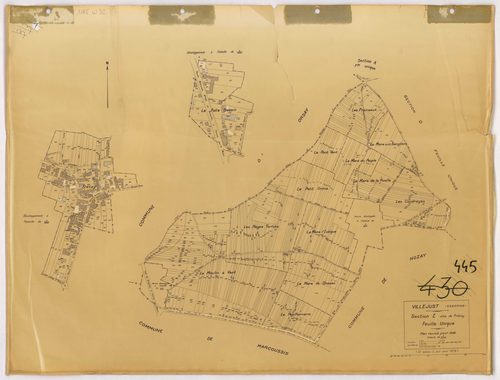 VILLEJUST. - Plan révisé pour 1942, à jour pour 1975 (2ème, 3ème édition) : plans du tableau d'assemblage, des sections A dite de Courtaboeuf, B dite du village, C dite de Launay, D dite de la Poitevine et E dite de Frétay ; plan révisé pour 1942, à jour 
