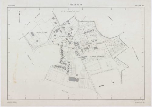 VILLEJUST, plans minutes de conservation : tableau d'assemblage,1942, Ech. 1/10000 ; plans des sections B, C, D, E, 1942, Ech. 1/2500, sections AA, AB, AD, 1990, Ech. 1/1000, section AC, 1992, Ech. 1/1000, sections AE, AH, AI, 2001, Ech. 1/1000 . Polyeste