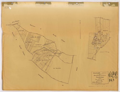 VILLEJUST. - Plan révisé pour 1942, à jour pour 1975 (2ème, 3ème édition) : plans du tableau d'assemblage, des sections A dite de Courtaboeuf, B dite du village, C dite de Launay, D dite de la Poitevine et E dite de Frétay ; plan révisé pour 1942, à jour 