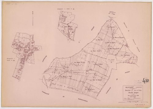 VILLEJUST. - Plan révisé pour 1942, à jour pour 1975 (2ème, 3ème édition) : plans du tableau d'assemblage, des sections A dite de Courtaboeuf, B dite du village, C dite de Launay, D dite de la Poitevine et E dite de Frétay ; plan révisé pour 1942, à jour 