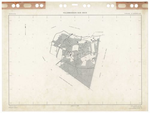 VILLEMOISSON-SUR-ORGE, plans minutes de conservation : tableau d'assemblage,1958, Ech. 1/5000 ; plans des sections AB, AC, AD, AE, AH, AI, AK, AL, 1958, Ech. 1/1000, section AM, 1986, Ech. 1/1000. Polyester. N et B. Dim. 105 x 80 cm [10 plans]. 