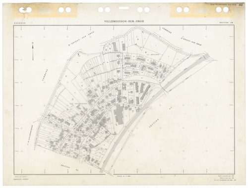 VILLEMOISSON-SUR-ORGE, plans minutes de conservation : tableau d'assemblage,1958, Ech. 1/5000 ; plans des sections AB, AC, AD, AE, AH, AI, AK, AL, 1958, Ech. 1/1000, section AM, 1986, Ech. 1/1000. Polyester. N et B. Dim. 105 x 80 cm [10 plans]. 